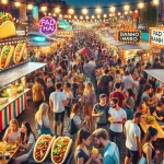 A vibrant street food festival with vendors from different countries, colorful food stalls, and people enjoying international cuisine.