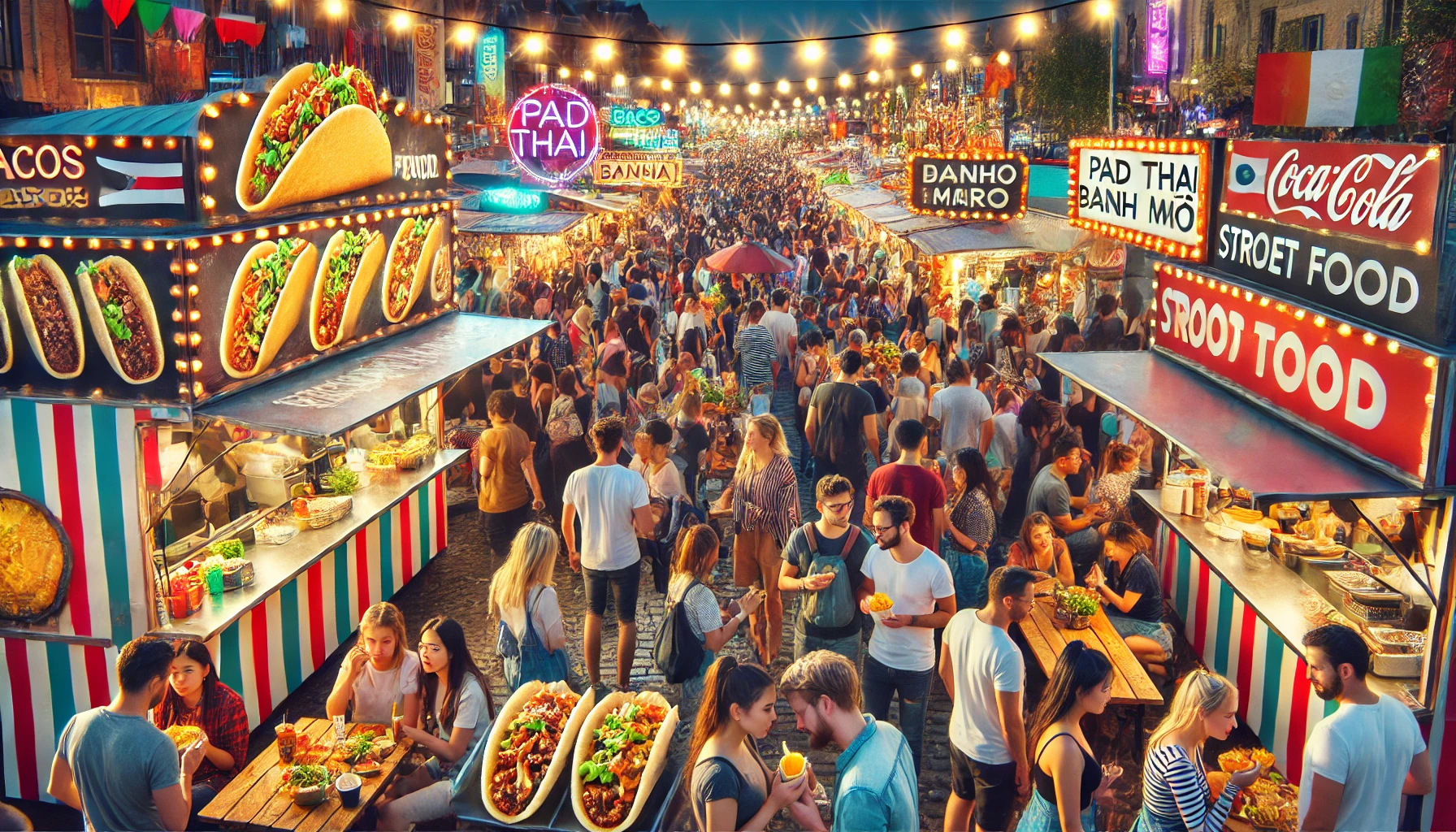 A vibrant street food festival with vendors from different countries, colorful food stalls, and people enjoying international cuisine.