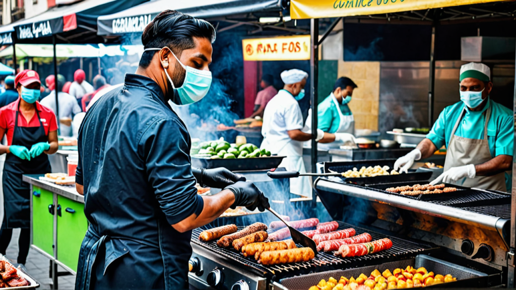 A street food vendor wearing gloves and a mask, cooking fresh food on a grill while customers observe, ensuring cleanliness and hygiene.