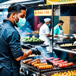 A street food vendor wearing gloves and a mask, cooking fresh food on a grill while customers observe, ensuring cleanliness and hygiene.