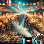 A lively night market filled with colorful street food stalls, sizzling grills, and diverse crowds enjoying global cuisine under glowing lanterns and neon lights.