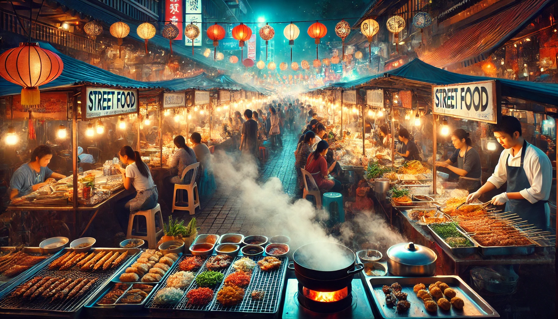 A lively night market filled with colorful street food stalls, sizzling grills, and diverse crowds enjoying global cuisine under glowing lanterns and neon lights.