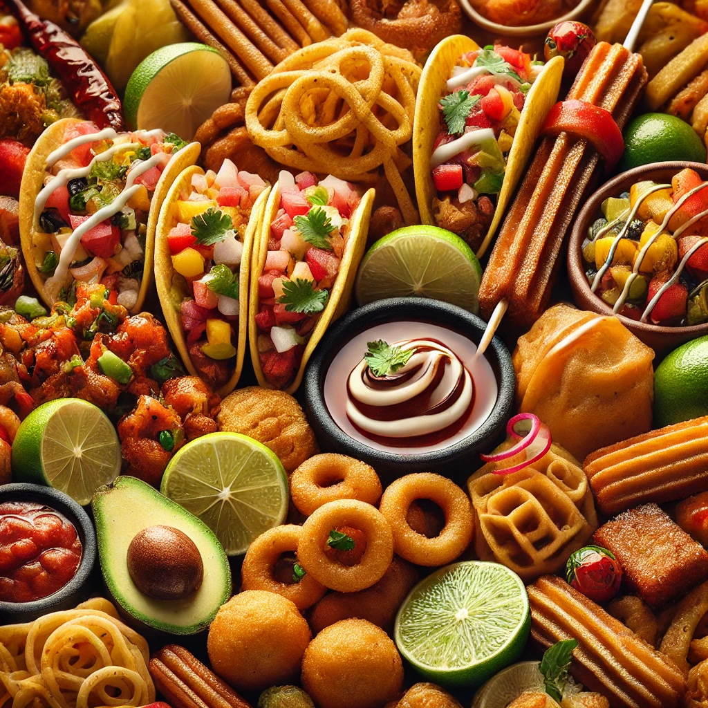 A close-up of a street food platter featuring tacos, pani puri, and churros, highlighting rich textures and colors.