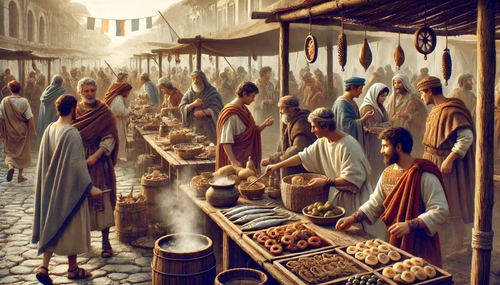 An ancient marketplace where Greek, Roman, and Chinese vendors sell traditional street food, surrounded by people in historical attire.