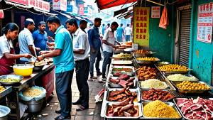 A chaotic street food stall with unsanitary conditions—no gloves, dirty utensils, and raw meat left exposed. Flies and pollution from the street indicate food safety risks. The background is crowded, illustrating the contrast between hygiene concerns and delicious street food.