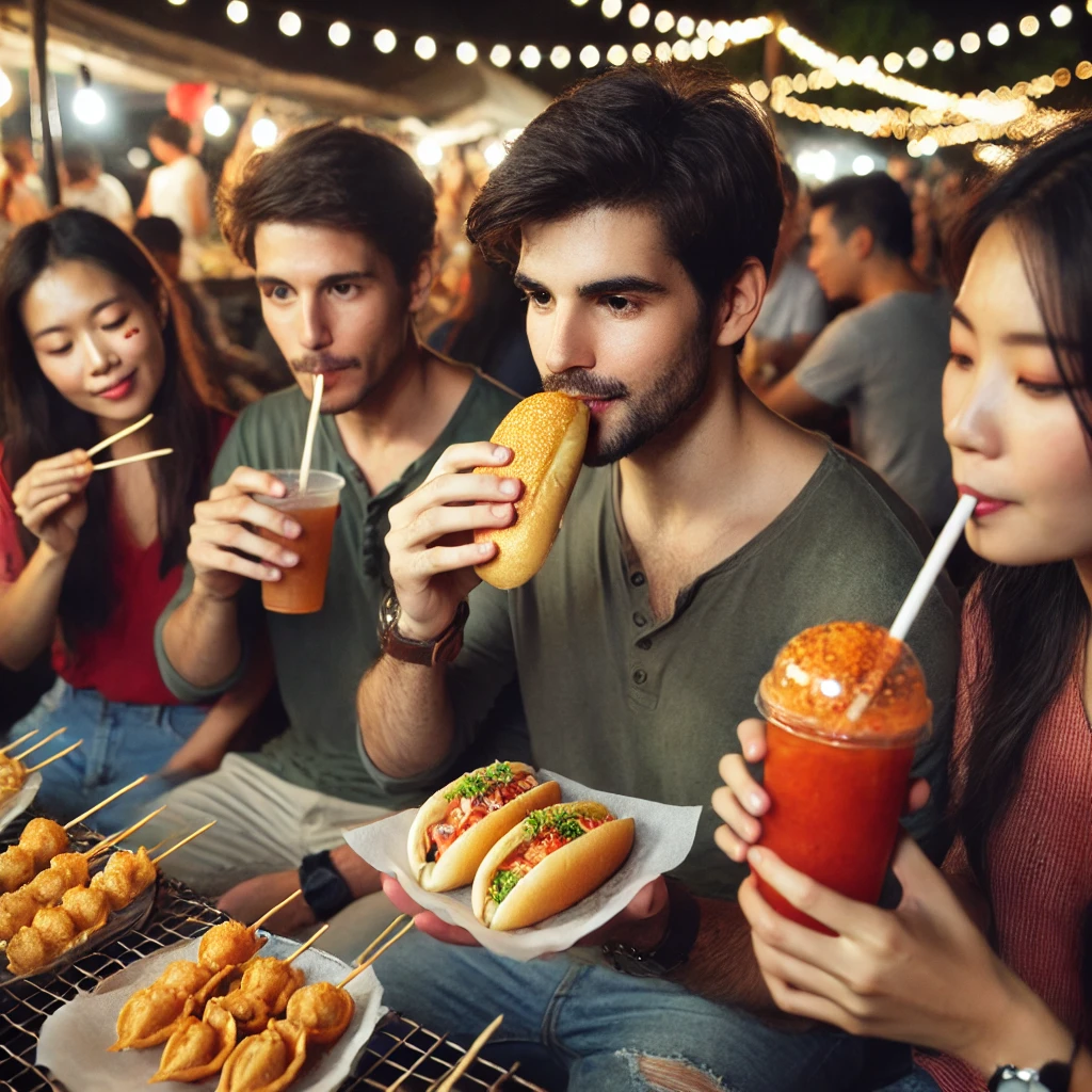 A diverse group of friends enjoying bánh mì, pani puri, and gyoza at a lively night market with food stalls in the background.