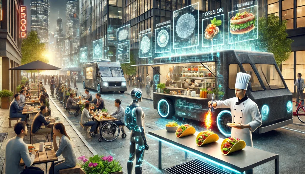 A high-tech street food market with digital menus, robotic chefs, and innovative fusion dishes, blending tradition with modern culinary trends.