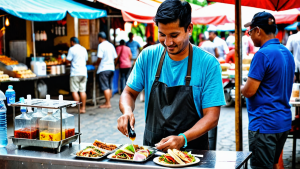 A traveler using hand sanitizer before eating at a clean street food stall where the vendor uses tongs for food handling.